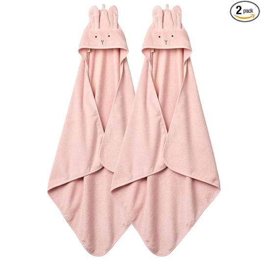 Hooded Baby Towels – 100% Organic Cotton Baby Bath Towels – Baby Girl Newborn Essentials - Super-Soft and Absorbent. (2-Pack Rabbit - Blush)