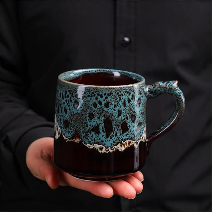 12oz Boho Style Leopard Pattern Reactive Glaze Ceramic Pottery Coffee Mug, Lead-Free Glaze Ceramic Tea Mug,Tea cup with handle, stoneware mugs, Microwave and Dishwasher Safe (blue) (Blue)