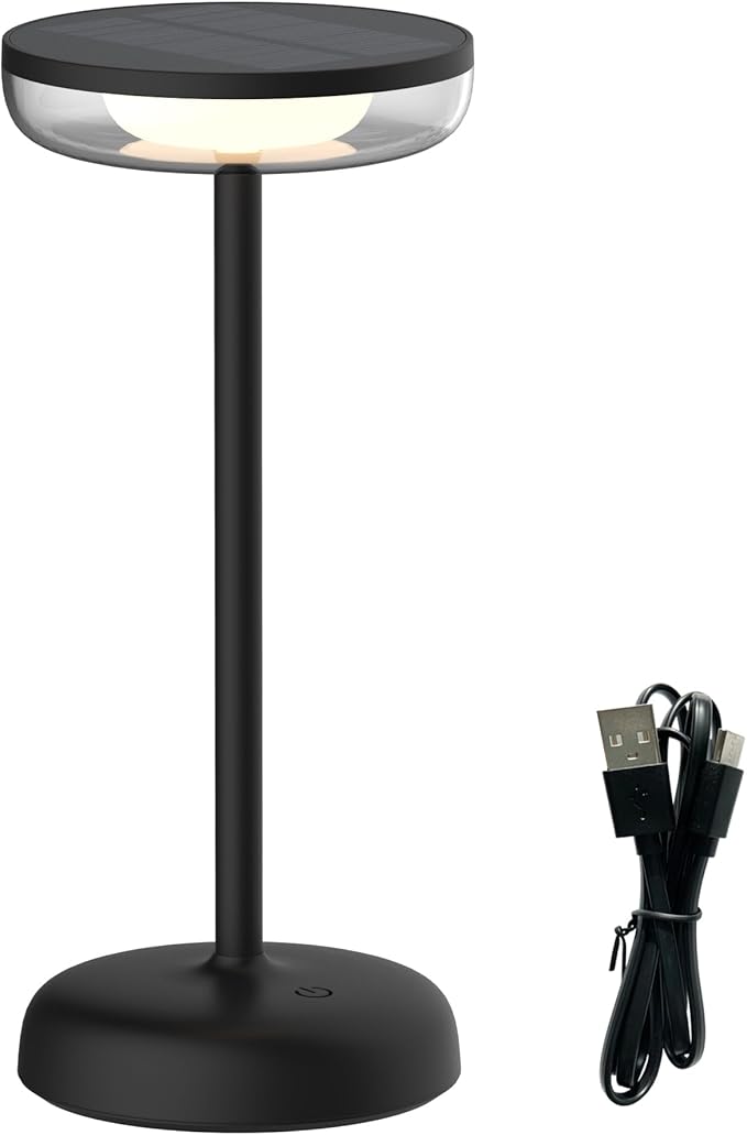 Cocktail Style Solar Table Lamp - Cordless LED Light with USB-C Charging, Dimmable Warm 2700K Glow, Weather Resistant for Indoor/Outdoor Use - Black, 1 Pack