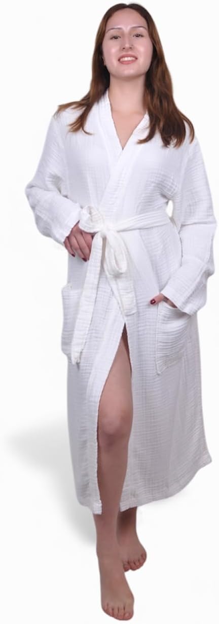 Muslin Bathrobe - Cotton Gauze Robe for Women and Men - Lightweight Breathable Summer Kimono - Boho Spa/Maternity Robe