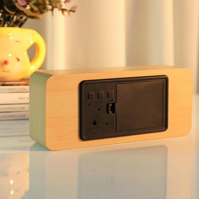 Smart Wooden Desk Clock with Voice Control, Snooze Alarm, and Real-time Environment Monitoring (Bamboo, 15 * 4 * 7cm)