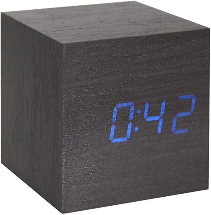 Wooden Alarm Clock - Mini Cube LED Digital Clock with Time/Date/Temperature Display, 3 Levels Brightness and Voice Control Great for Home Office Travel - AC10Black_Blue