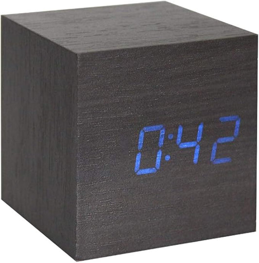 Wooden Alarm Clock - Mini Cube LED Digital Clock with Time/Date/Temperature Display, 3 Levels Brightness and Voice Control Great for Home Office Travel - AC10Black_Blue