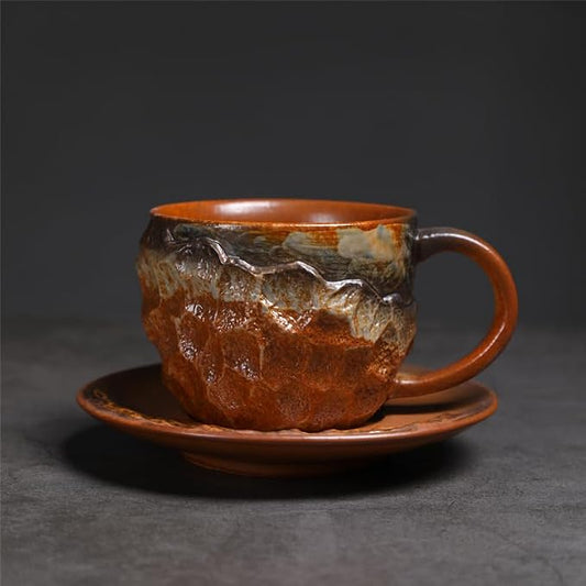 Handmade Irregular Ceramic Coffee Mug with Saucer, Kiln Flowing Glaze Wabi Sabi Latte Tea Cup Set, set of 1, 200ml (YUNSHI01)
