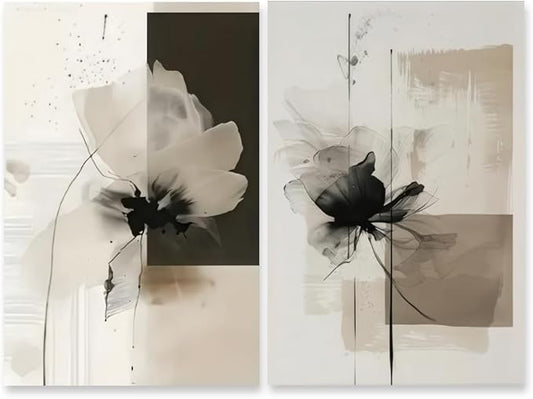 HUYKON Minimalist Abstract Floral Wall Art Prints Set of 2 Neutral Beige Black Flower Canvas Painting Poster Trendy Botanical Picture for Gallery Modern Japandi Boho Home Decor 16x24inch Unframed