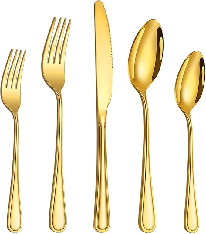 20 Pcs Gold Silverware Set for 4, Food Grade Stainless Steel Flatware Set, Eating Utensils Sets Include Fork/Knife/Spoon, Reusable Cutlery Set for Home Kitchen, Dishwasher Safe, Double-stripe