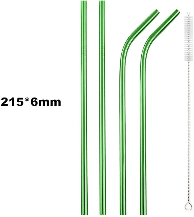 JASHII Reusable Portable Metal Straws Stainless Steel Eco-friendly Drinking Straw with Travel Cloth Bag (2 Bent 2 Straight 1 Brush),Green