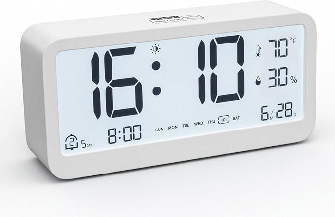 Digital Alarm Clock Battery Powered with Date | Indoor Temperature | Humidity | LCD Display | Dual Alarms | Snooze and Backlight Desk Small Clock (White)
