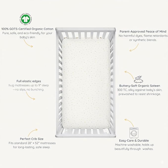 Makemake Organics GOTS Certified Organic Cotton Fitted Crib Sheet Soft Breathable (28"x52", Dotty)