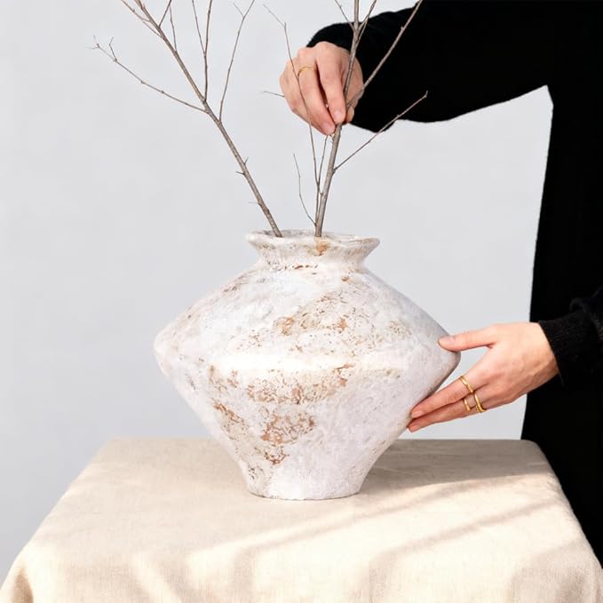 Wabi Sabi Vase 11.5" Whitewashed Distressed Ceramic Vase with Brown Speckles, Wide Mouth Rustic Vintage Vases for Table Centerpieces, Farmhouse Home Decor for Living Room Entryway Shelf