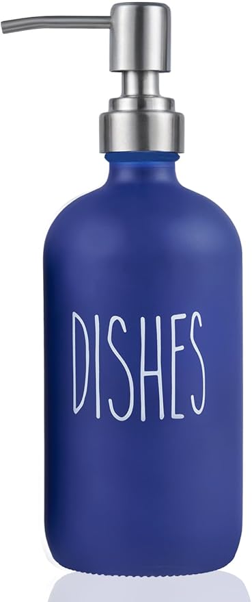 Navy Blue Soap Dispenser Set, Glass Soap Dispenser with Stainless Steel Pump, Farmhouse Hand Soap Dispenser & Dish Soap Dispenser for Bathroom Kitchen Sink(Blue d)