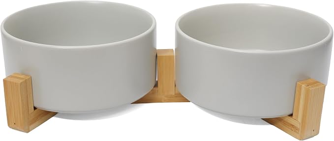 Dog Food Bowl, 28.7 oz Ceramic Food and Water Bowls for Dogs, Pet Dishes Set with Wood Stand, for Small Size Dog and Cat, No Spill Feeding Station with Weighted Base, Grey