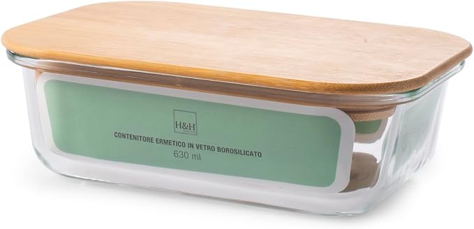 H&H Rectangular Glass Container with Bamboo Lid – 630 ml, 17.5 x 13 cm – Airtight, Dishwasher Safe, Oven and Microwave Use (without Lid)