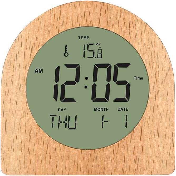 Wooden Alarm Clock for bedrooms，Battery Operated with Snooze Function and Backlight,LCD time,Date,Temperature Display, C/F Switch,12/24hour,Round Simple Design,eco-Friendly