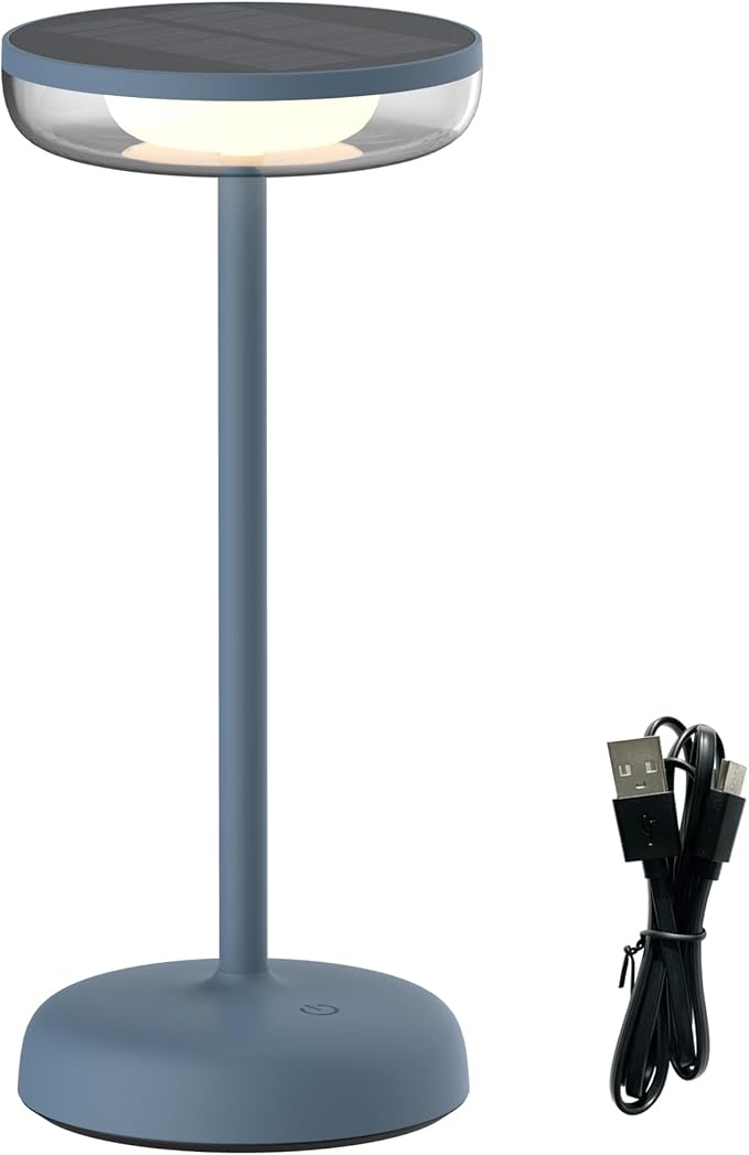 Cocktail Style Solar Table Lamp - Cordless LED Light with USB-C Charging, Dimmable Warm 2700K Glow, Weather Resistant for Indoor/Outdoor Use - Blue, 1 Pack