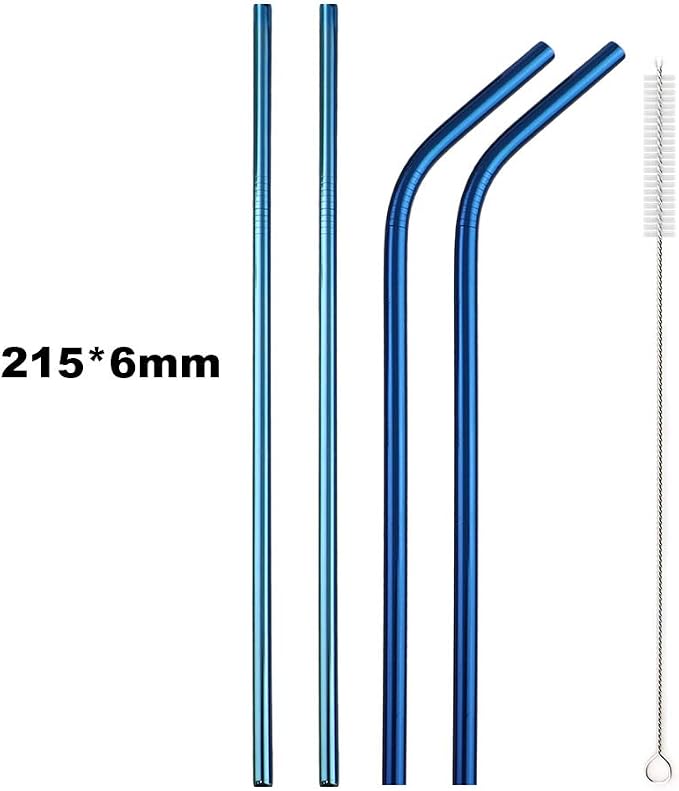 JASHII Reusable Portable Metal Straws Stainless Steel Eco-friendly Drinking Straw with Travel Cloth Bag (2 Bent 2 Straight 1 Brush),Blue