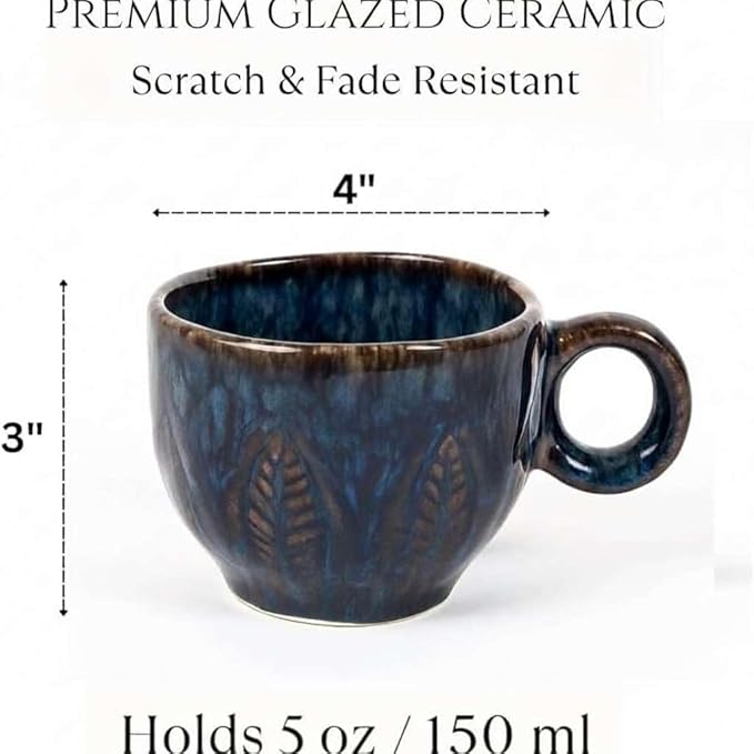 Ceramic Espresso Cup 5 oz, Stoneware Demitasse Coffee Mug with Handle, Artisan Reactive Glaze Texture, Small Latte Cappuccino Tea Cup, Microwave & Dishwasher Safe, Midnight Blue, Pack of 2