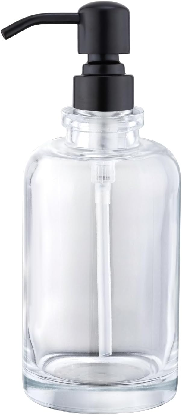 Glass Soap Dispenser Clear Bottle with Black Pump, 17 OZ Liquid Soap Dispenser Cylindrical with Stainless Steel Pump for Dish Hand Soap Bathroom Kitchen Large Capacity