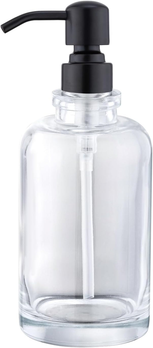 Glass Soap Dispenser Clear Bottle with Black Pump, 17 OZ Liquid Soap Dispenser Cylindrical with Stainless Steel Pump for Dish Hand Soap Bathroom Kitchen Large Capacity