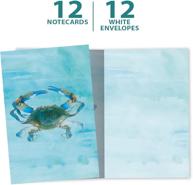 Tree-Free Greetings Blue Crab All Occasion Cards - 12 Recycled 4x6 Notecards & White Envelopes, Thick Cardstock, Sustainably Made in USA - Watercolor Ocean Art
