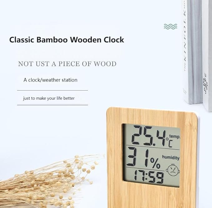 Weather Display Digital Wooden Clock - Desktop Thermometer Hygrometer Alarm Clock for Bedroom & Living Room
