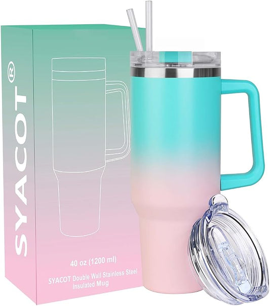 SYACOT 40 oz Tumbler with Handle and Straw Stainless Steel Insulated Tumbler Leak Proof Lid and Straw Lid Reusable Travel Mug Coffee Mug Cup Dishwasher Safe Keep Drinks Cold and Hot (Bubble Gum)