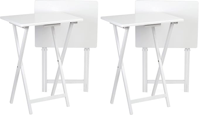 PJ Wood Conventional Solid and Sturdy Wood Construction Portable Folding TV Snack Tray Table Desk Serving Stand, White (4-Piece Set)