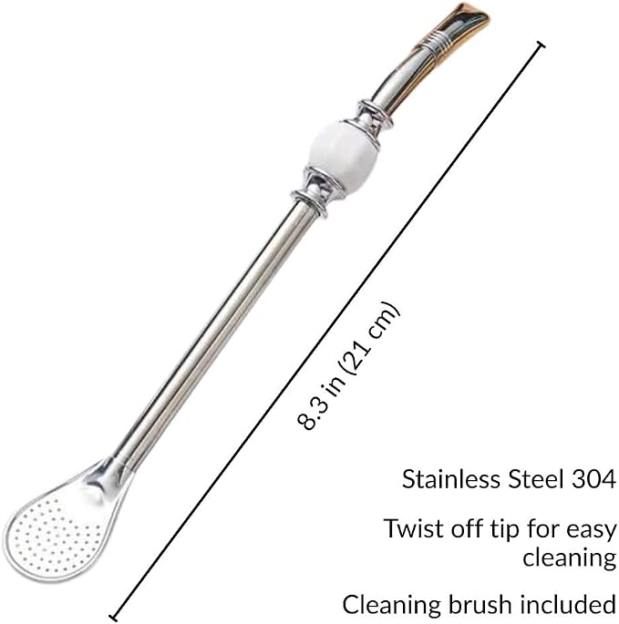 Premium Stainless Steel Bombilla with Cleaning Brush – Reusable Yerba Mate Straw with Filter Spoon – Elegant Gift Box Set (White)