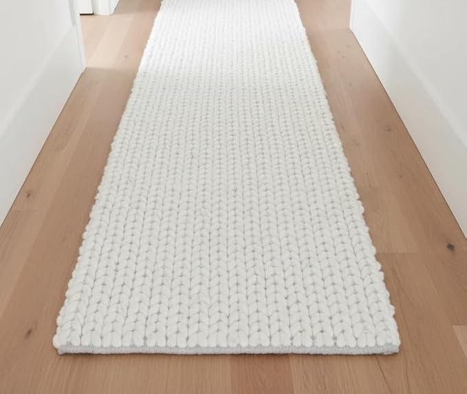 FRELISH DECOR Wool Cotton Premium Hand Woven Braided Chunky Cable Rug/Runner - Contemporary Foot Mat for Living Room Bedroom Kitchen Entryway (2.5' x 8' - Ivory)