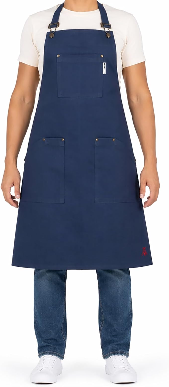 CatCora Kitchen Apron, Black, Heavyweight Cotton Canvas, Spill-Shedding Finish, Full Coverage, Fade-Safe, 3 Pockets, Unisex