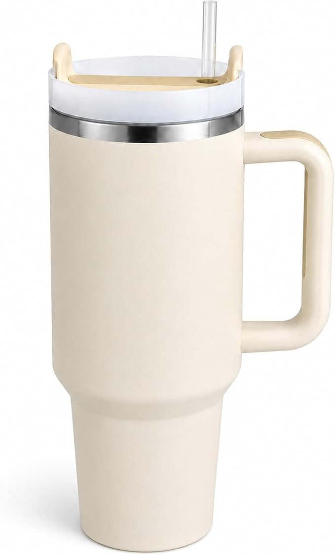 Pandance 40 oz Tumbler with Handle, Tumbler with Lid and Straw(Cream) | Stainless Steel Vacuum Insulated Travel Mug, Sturdy Screw-on lid, Cup Holder Friendly, Large Capacity Cup For Iced Coffee
