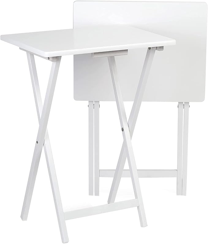 PJ Wood Conventional Solid and Sturdy Wood Construction Portable Folding TV Snack Tray Table Desk Serving Stand, White (10-Piece Set)