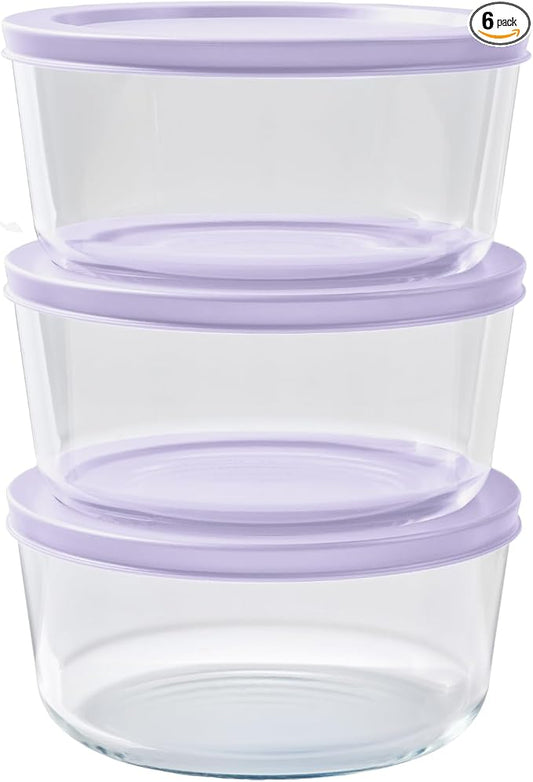 6-Piece Glass Food Storage Containers Set (3 Containers + 3 BPA-Free Lids) | 4-Cup, Leakproof | Microwave, Freezer, Oven & Dishwasher Safe | Ideal for Meal Prep & Pantry Organization, Purple