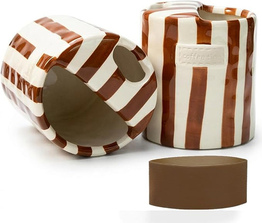 Ceramic Coffee Mug with Half Lid, 12oz Handmade Retro Striped Travel Mug, Minimalist To Go Coffee Cup for Home Office, Reusable Pottery Tumbler, Brown