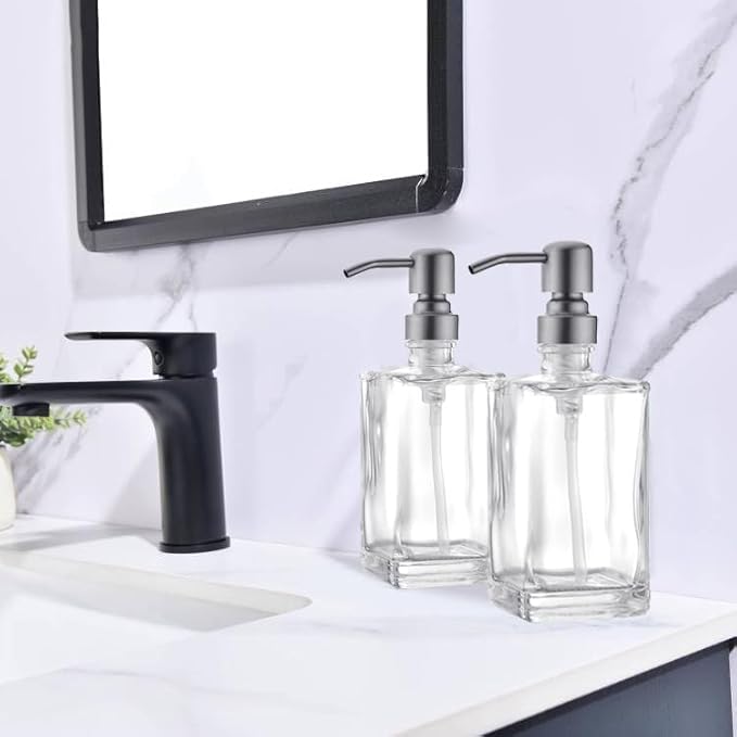 Glass Soap Dispenser Set, Brushed Nickel Stainless Steel Pump & Clear Square Glass Soap Dispenser Bottle, 2 X 13.5oz Refillable Liquid Hand Soap Jar for Kitchen & Bathroom