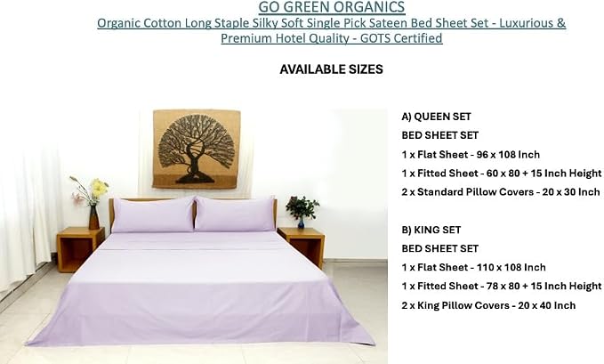 Organic Cotton Long Staple Silky Soft Single Pick Sateen Bed Sheet Set - Luxurious & Premium Hotel Quality - GOTS Certified - Solid Dyed (Lavender, King (U.S. Standard))