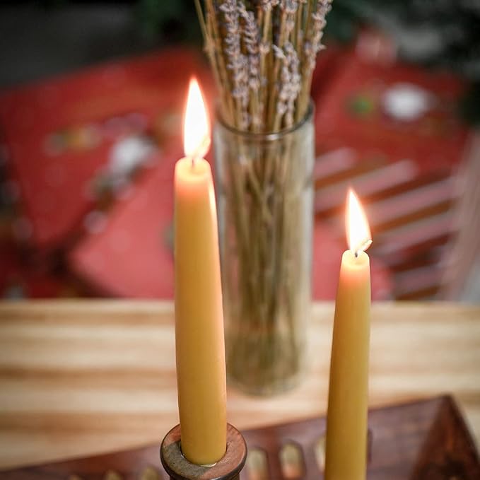 8 inch Natural Beeswax Taper Candles Set of 12, DEYBBY Smokeless and Dripless Organic Natural Beeswax Candles for Home Dinner Decor Emergency Housewarming Gift, Long Lasting Burning, Nontoxic