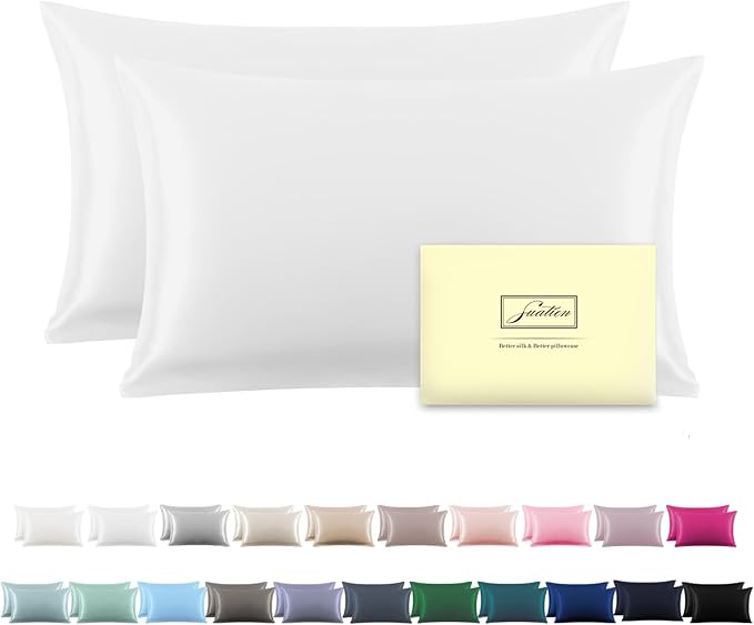 Silk Pillow Cases 2 Pack,Soft Breathable and Sliky Standard Size Pillow Cases Set of 2,Natural Mulberry Silk Pillowcase Set of 2 for Hair and Skin with Hidden Zipper (White,20"X 26",2pcs)
