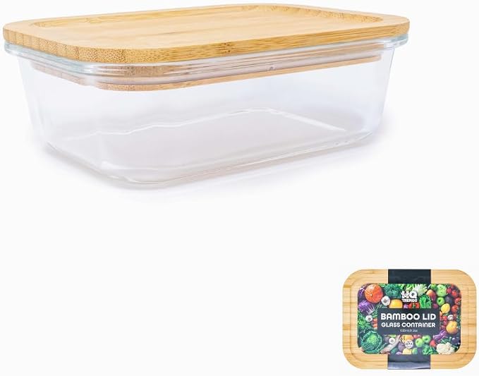 HQ Glass Container with Natural Brown Wooden Bamboo Lid Eco-Friendly Storage Airtight 51 oz Rectangular Baking Dish Storage Refrigerator Boxes 1520 ML