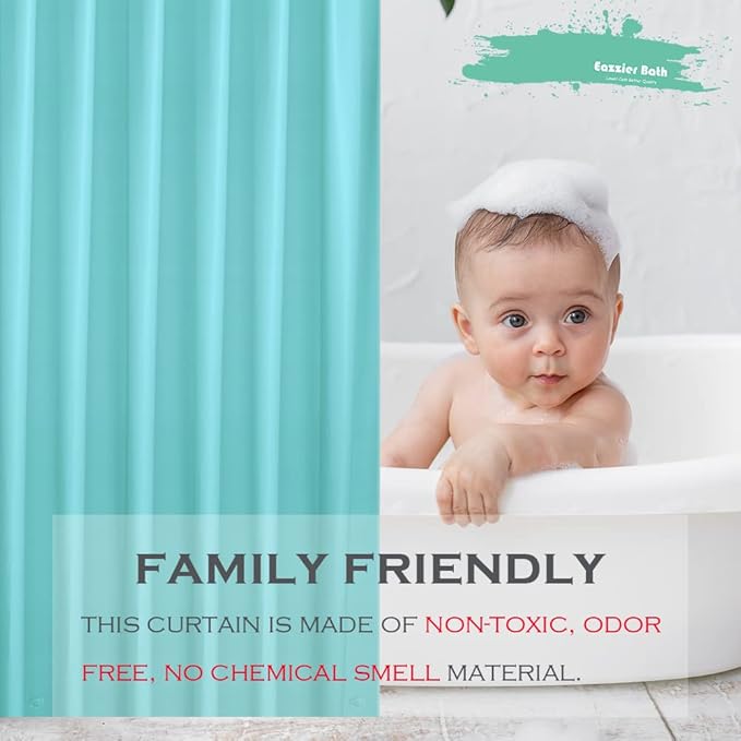Aqua Blue Plastic Shower Curtain Or Liner, 72x72 Inch Lightweight Teal Blue Plastic Bathroom Shower Showroom Inner Curtain with Rustproof Metal Grommet Holes and Weighted Magnets