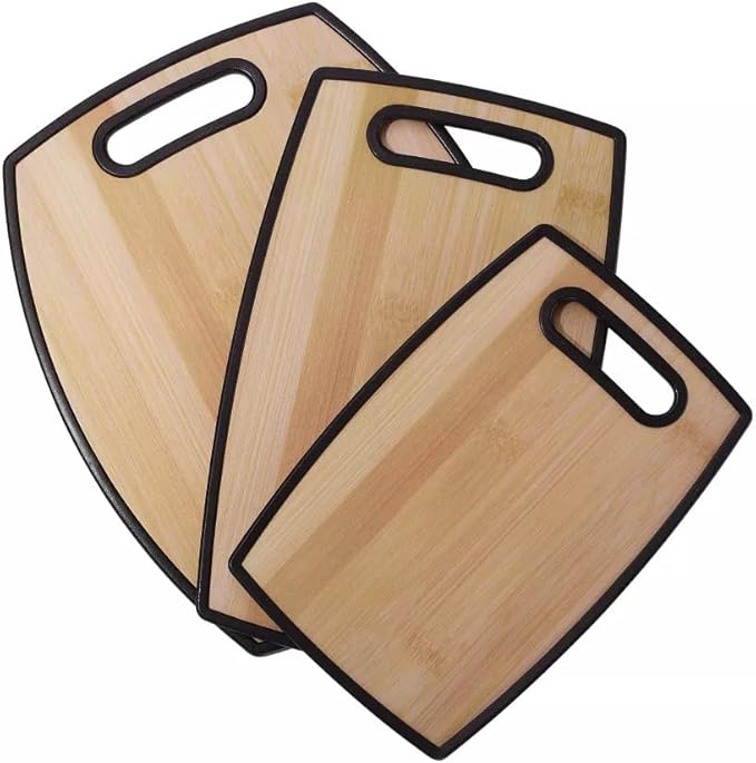 3Pc Bamboo-Designed Cutting Board Set, 8"x12", 9"x14", 12"x15", Plastic with Handle, Dishwasher Safe, Portable, and Stylish
