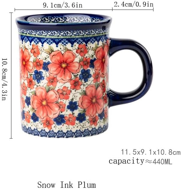 Pottery Coffee Mug,14oz, Hand Painted Ceramic Tea Cups with Unique Design for Hot or Cold Drinks (Snow Ink Plum)