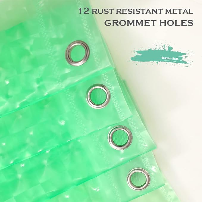 Green 3D Crystal Plastic Shower Curtain Liner, 72x72 Inch Thin Lightweight Ice Cube Plastic Bathroom Shower Showroom Inner Curtain with Rustproof Metal Grommet Holes and Weighted Magnets
