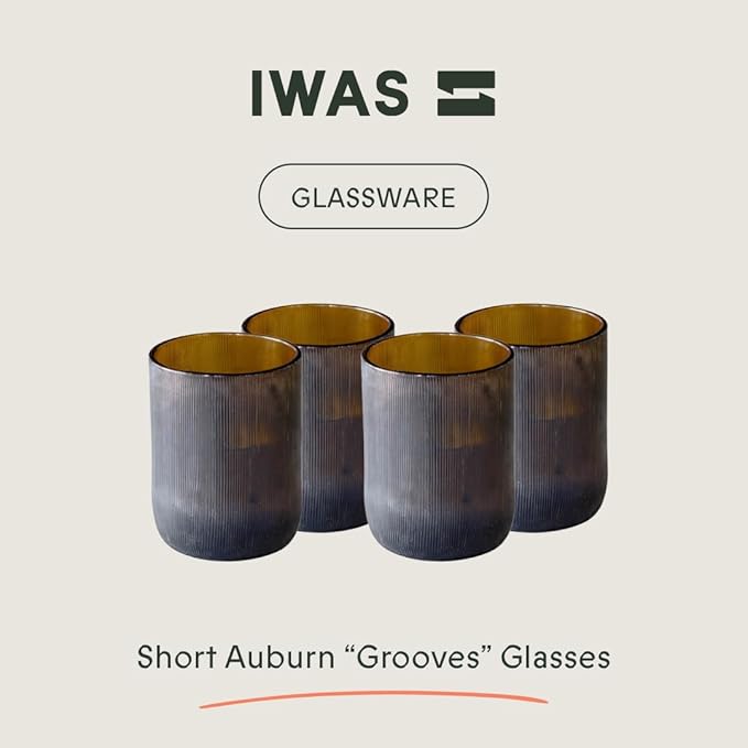 IWAS Upcycled Short Amber Drinking Glasses, Short, 8.45 oz / 250 ml, Set of 4 Rustic Grooved Cups, Handcrafted Sustainable Glassware