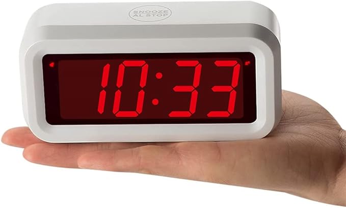 Digital Alarm Clock Battery Operated with LED Display for Bedrooms, Long Battery Life for 12 Months, 3 Brightness Adjustable, 12/24 Hour, Snooze, White Case with Red Digits