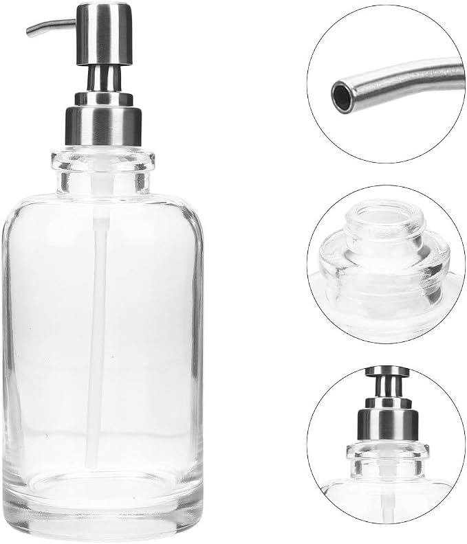 Luxshiny Glass Soap Dispenser 18Oz (500Ml) with 304 Stainless Steel Pump and Label Sticker, Manual Hand Soap Dispenser Set for Kitchen and Bathroom Countertop Use