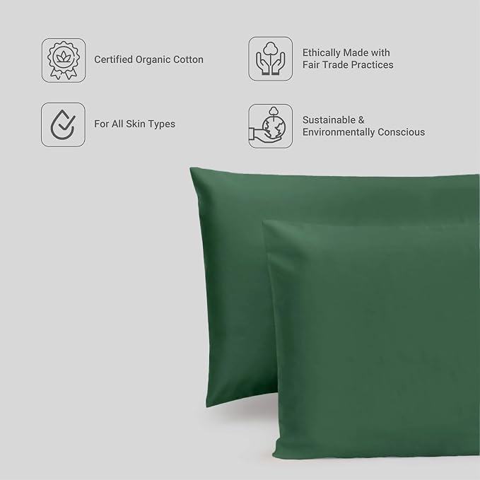 FABDREAMS 100% Organic Cotton King Pillowcases | 400 Thread Count | Luxury Hotel Collection |GOTS Certified Long Staple Cotton|Smoother Than Egyptian Cotton|Set of 2-20" x 40"|Forest Green