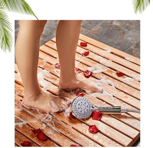 Non-Slip Wood Bath Mat,Natural Bamboo Bath Mat Wooden Duckboard Mat for Bathroom Shower Kitchen Water Resistant and Anti Slip Rectangular Solid Wood Floor Mat (110x30cm)