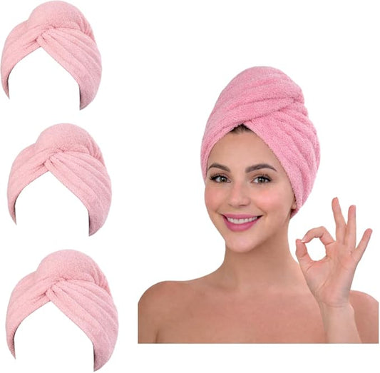 KELVO Microfiber Hair Towel Wrap for Women - Pack of 3, 350 GSM Super Absorbent Quick Dry Hair Turban, Anti-Frizz Head Wrap for Curly, Long & Thick Hair, Soft Hair Drying Towel. (3 Pink Solid)