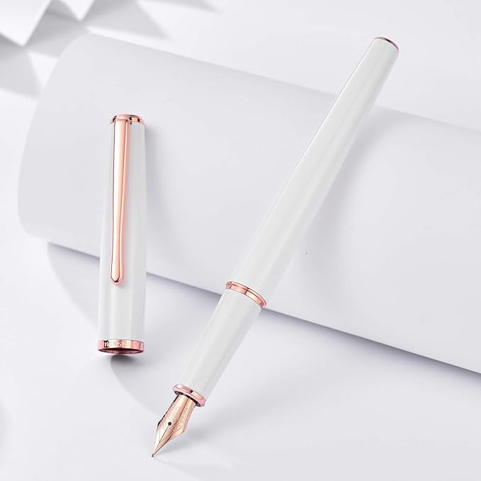 HongDian 920 White Metal Fountain Pen, Rose Gold Plated Extra Fine Nib Smooth Writing Pen, Classic Pen with Ink Converter